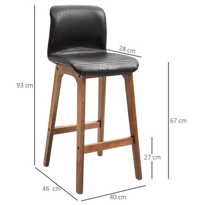 Chic Faux Leather Bar Stool Set - 93cm High Back, Brown Wooden Frame, 2 Pieces
