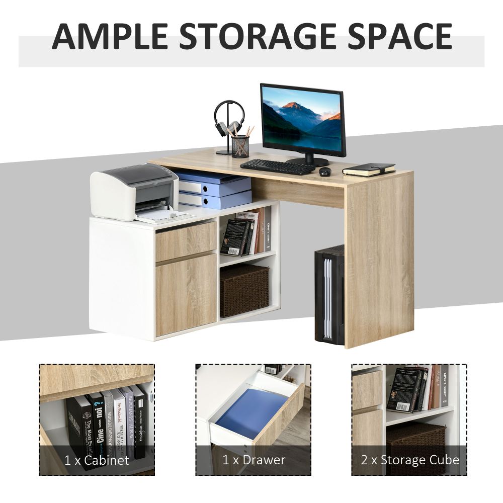Space-Saving L-Shaped Oak & White Computer Desk with Storage Solutions