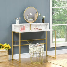 Load image into Gallery viewer, Elegant White Faux Marble Vanity Table with Round Mirror - Dreamy Makeup Station
