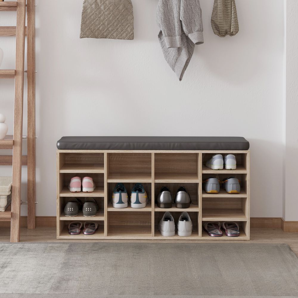 Versatile 14-Compartment Multi-Storage Shoe Rack with Cushion & Removable Shelves