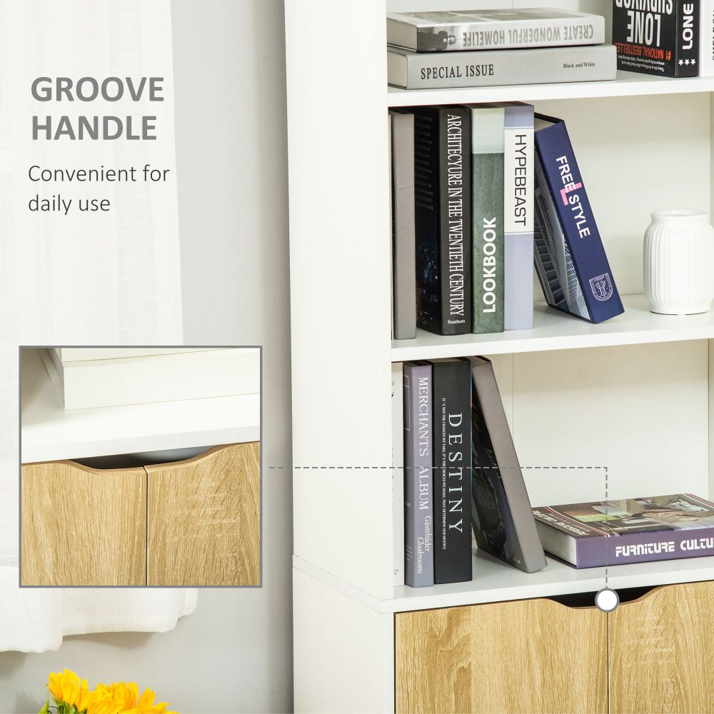 Elegant White & Oak Tall Bookcase with 2 Doors and 4 Shelves for Stylish Storage