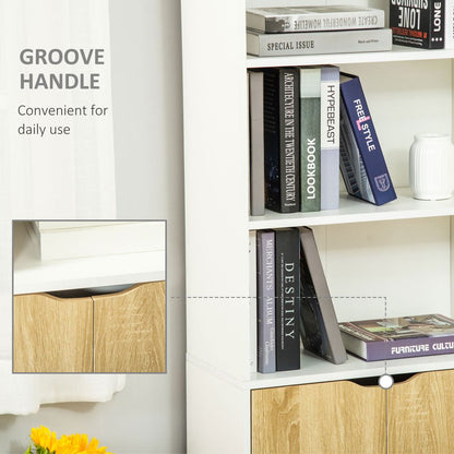 Elegant White & Oak Tall Bookcase with 2 Doors and 4 Shelves for Stylish Storage