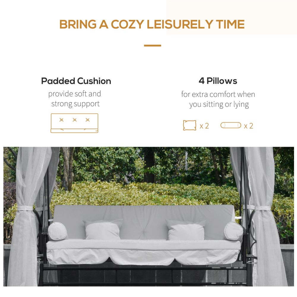 3-Seater Convertible Swing Bed with Canopy & Cushions - Grey Oasis Comfort