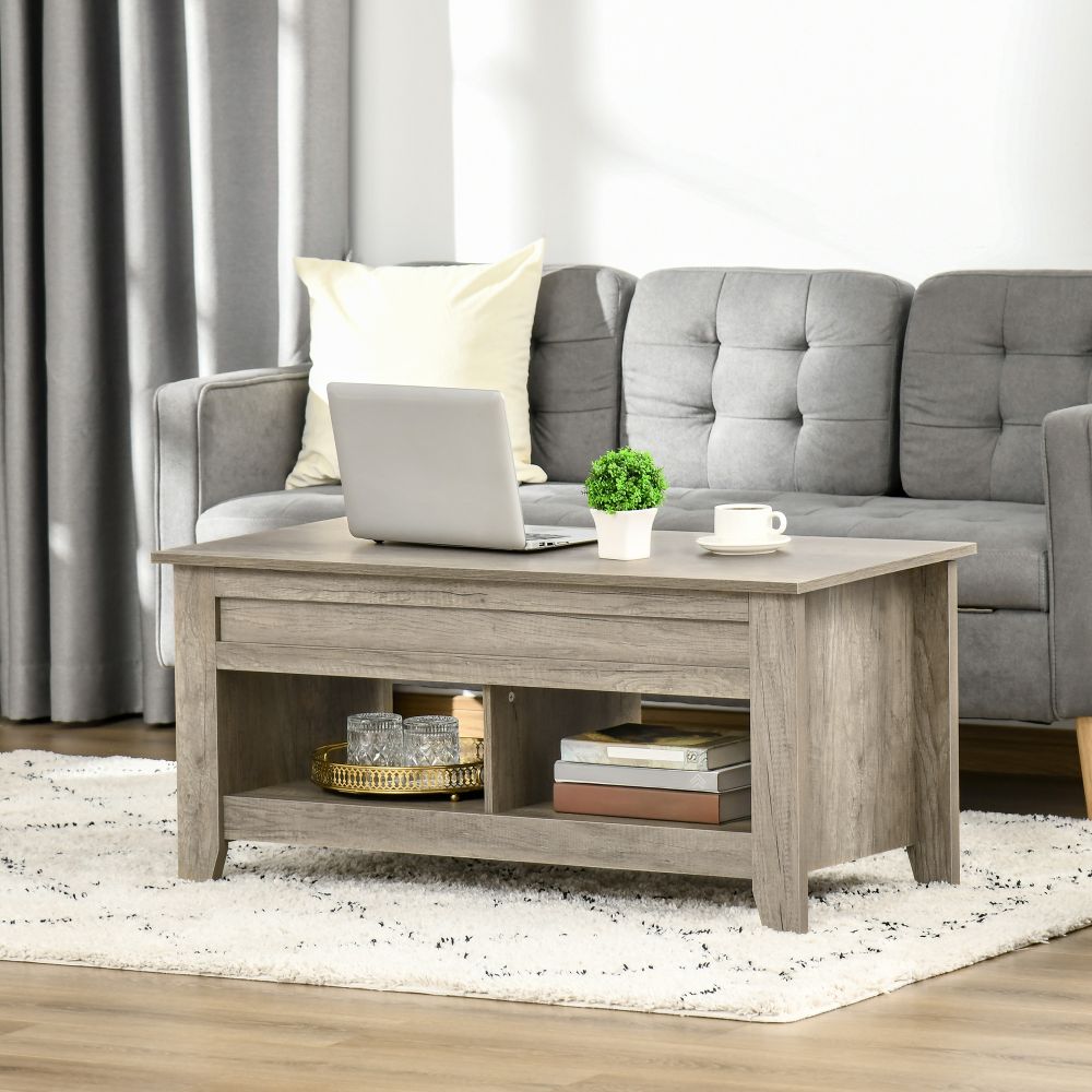 HOMCOM Lift-Top Coffee Table with Hidden Storage & Stylish Shelving - Oak