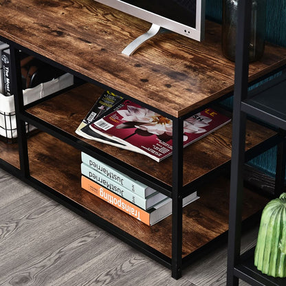 Industrial Elegance: Black & Brown Steel Frame TV Stand with Multi-Level Storage