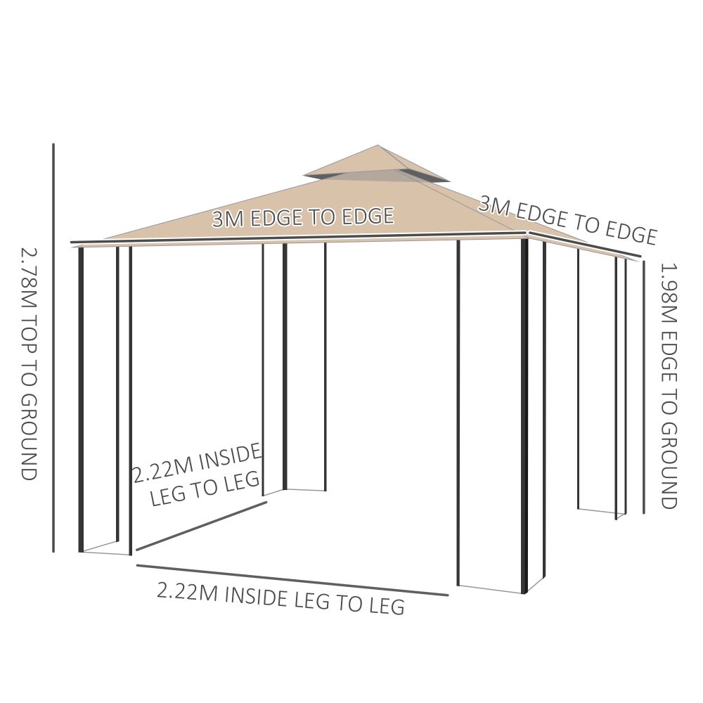 Outsunny 3x3m Elegant Outdoor Gazebo Tent with Insect Netting & Storage Trays
