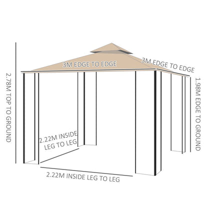 Outsunny 3x3m Elegant Outdoor Gazebo Tent with Insect Netting & Storage Trays