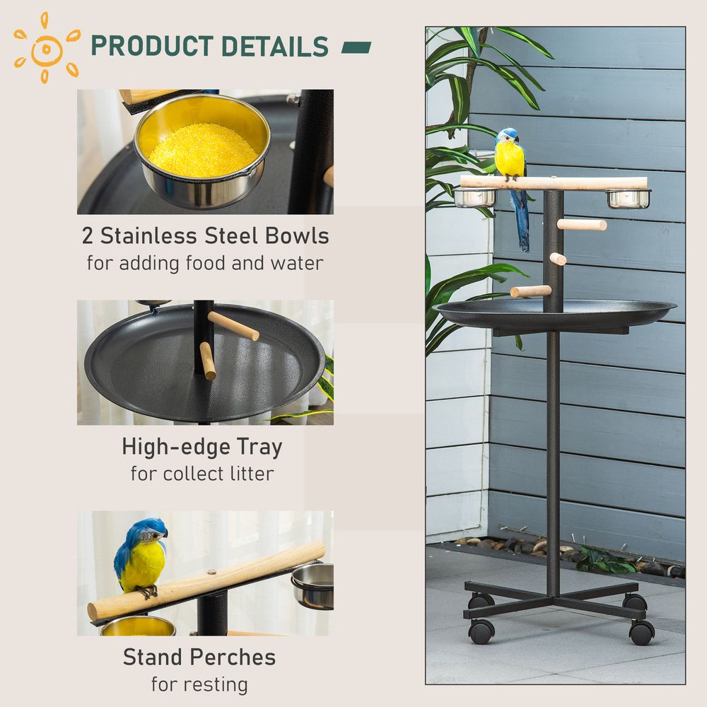 Portable Bird Play Stand with Wooden Perches & Stainless Steel Feeder Bowls