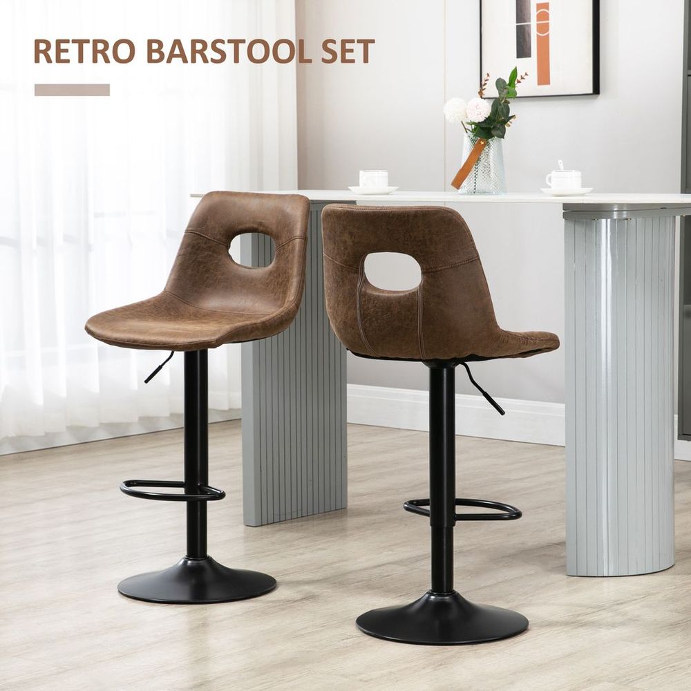 Adjustable Retro Swivel Bar Stools Set of 2 - Chic Brown Leather-Like Design