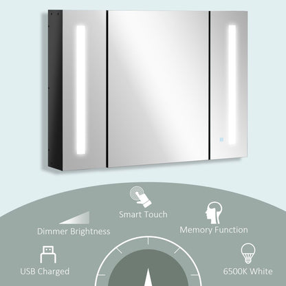 LED Illuminated High Gloss Black Bathroom Mirror Cabinet with Adjustable Shelves