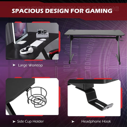 Ultimate Gaming Desk with Steel Frame, Cup Holder & Headphone Hook - Black