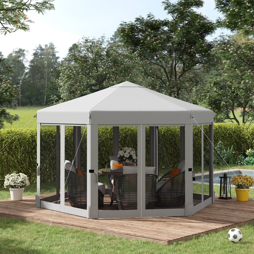 Hexagonal 3.2m Pop-Up Gazebo with Mesh Walls & Carry Bag - Light Grey Comfort