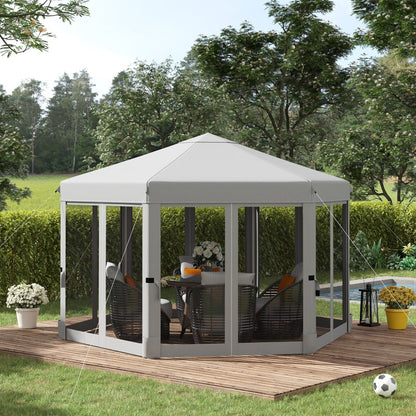 Hexagonal 3.2m Pop-Up Gazebo with Mesh Walls & Carry Bag - Light Grey Comfort
