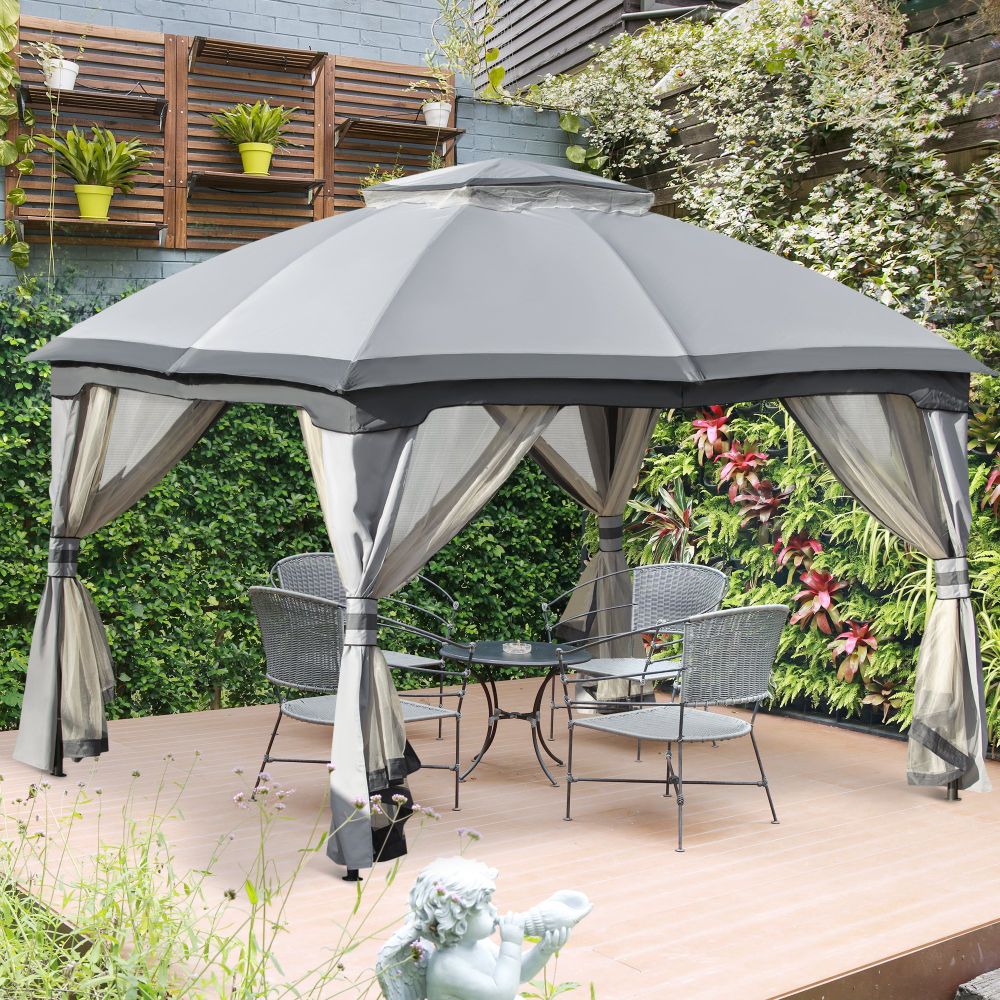 Stylish 4x3m Steel Gazebo with Double Tier Roof & Mesh Sidewalls - Gray