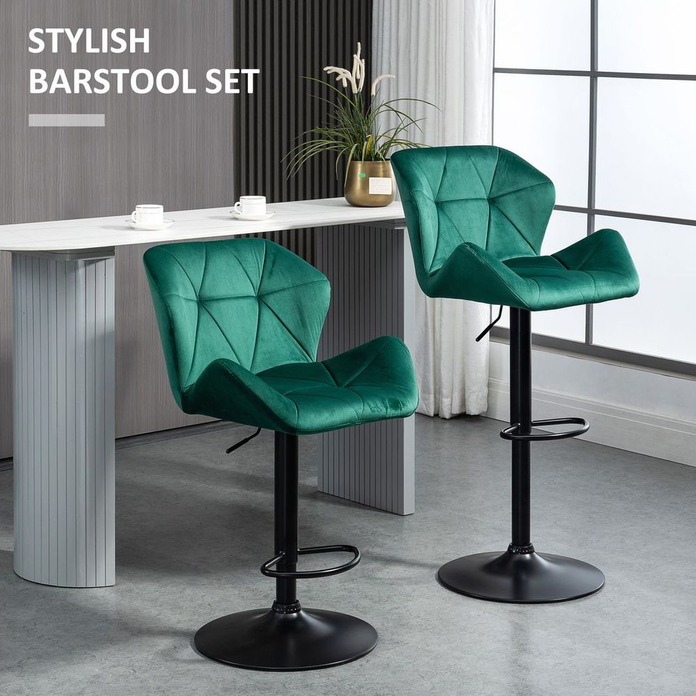 Elegant Green Velvet Bar Stools - Set of 2 with Adjustable Metal Footrest