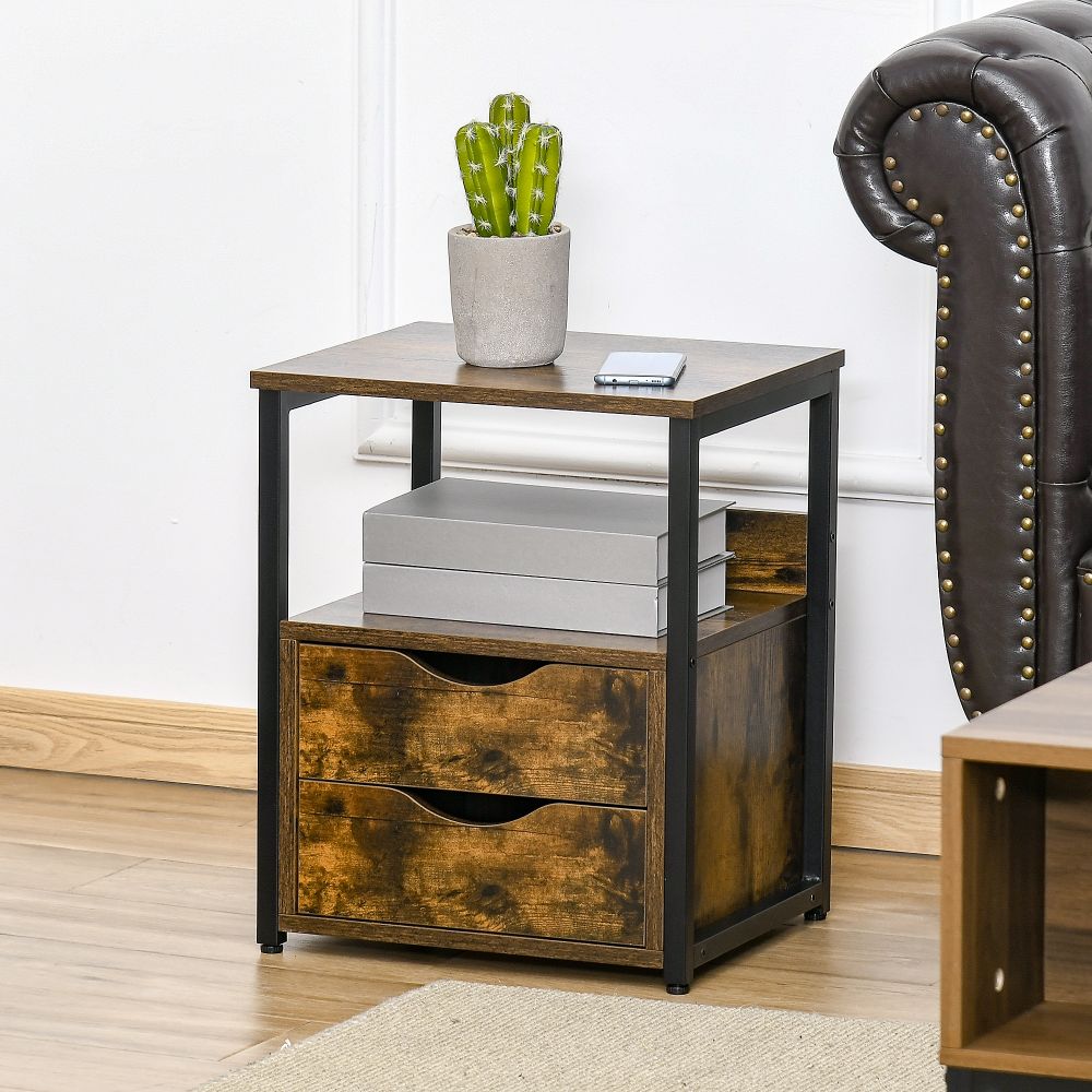 Rustic Industrial Side Table: HOMCOM Slim Storage Cabinet with Open Shelf & Drawers