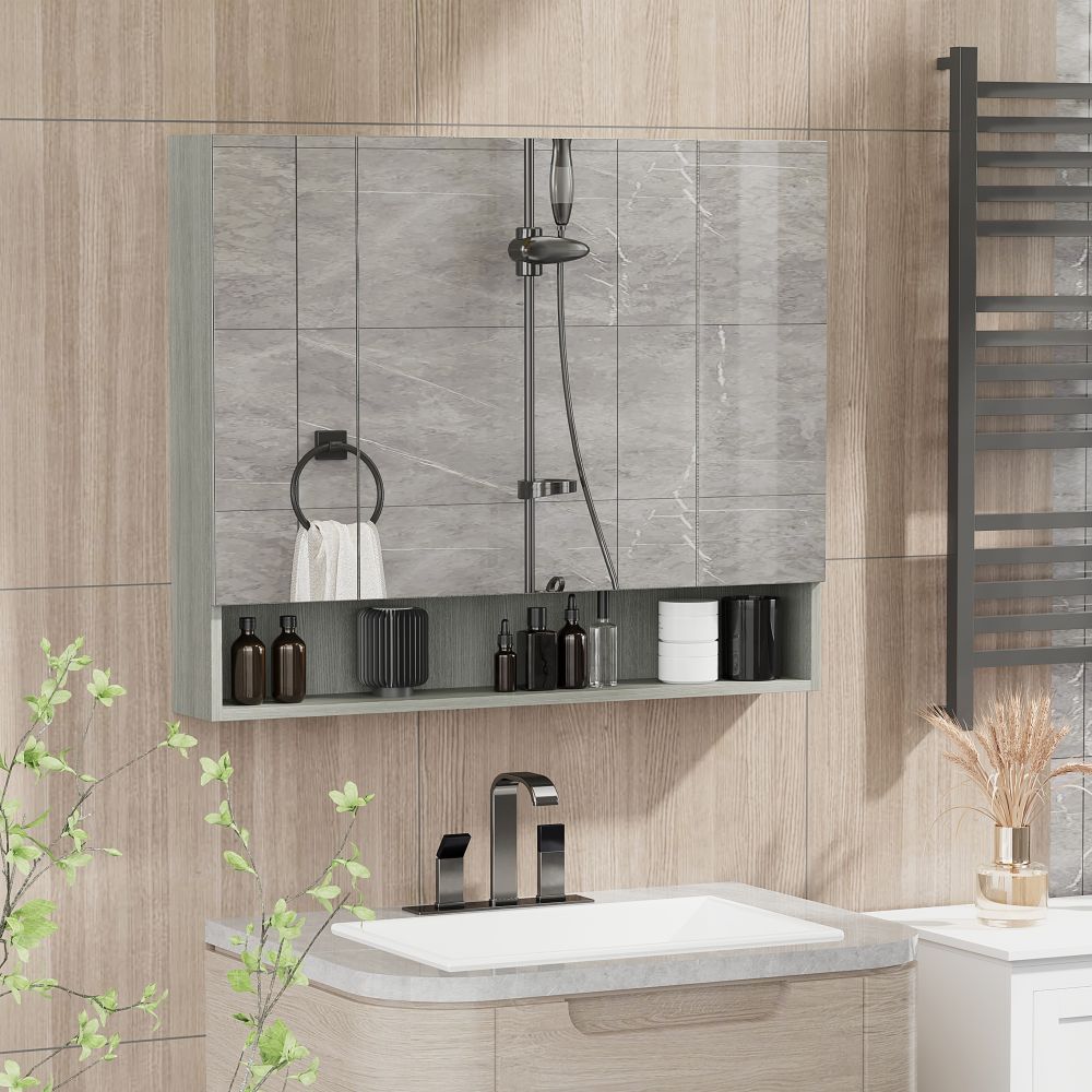 kleankin Grey Wall-Mounted Bathroom Mirror Cabinet with 3 Doors & Storage