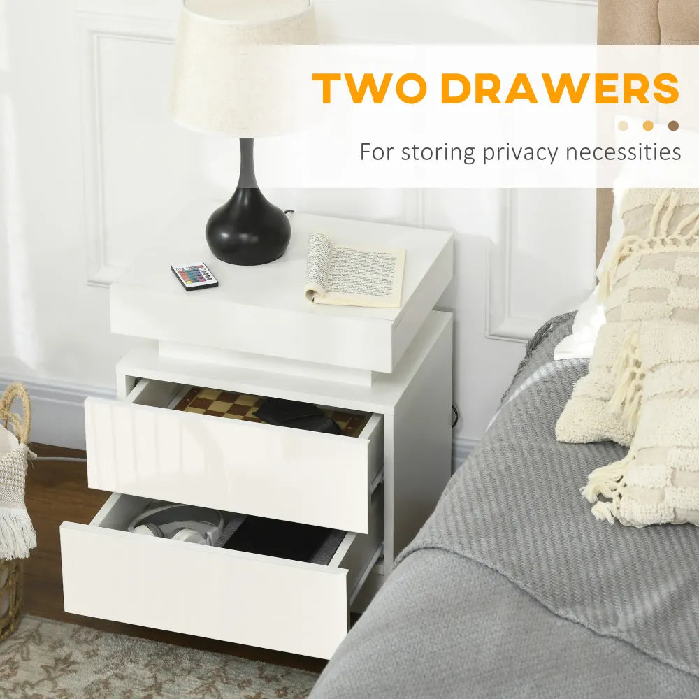 HOMCOM LED Nightstand: Stylish White Bedside Table with 2 Drawers & Lights