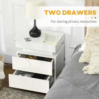 HOMCOM LED Nightstand: Stylish White Bedside Table with 2 Drawers & Lights