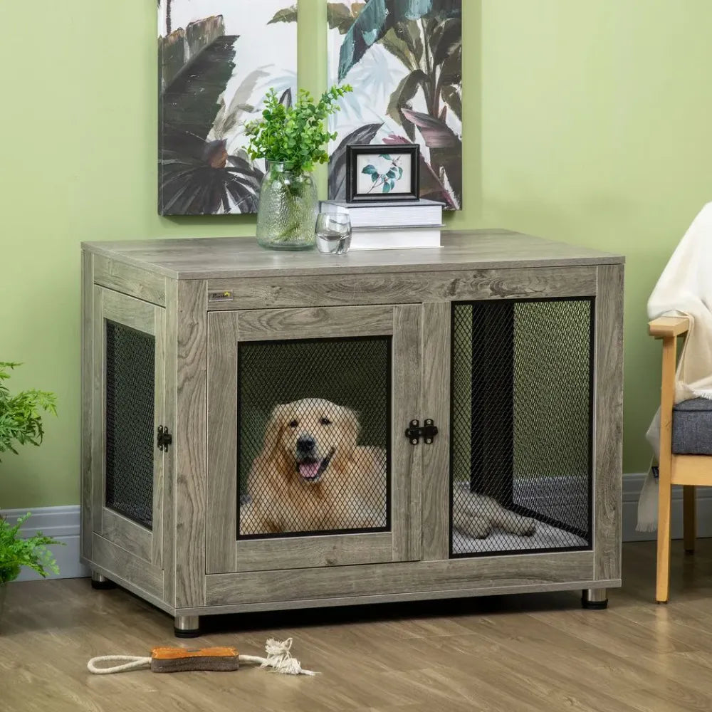 Luxury Dog Kennel End Table: Soft Cushion & Secure Dual Doors for Pets