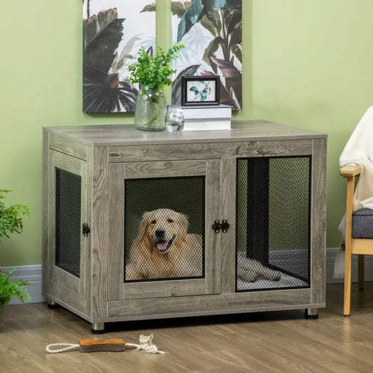 Luxury Dog Kennel End Table: Soft Cushion & Secure Dual Doors for Pets