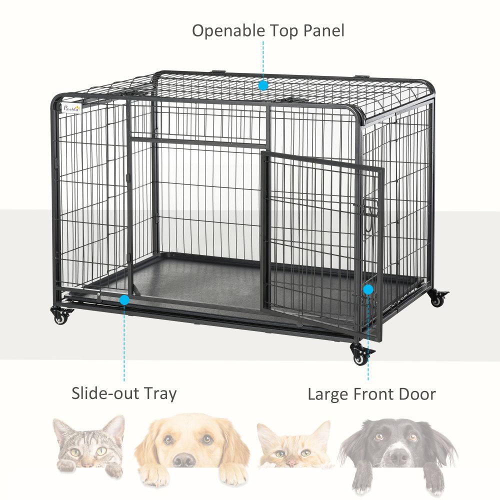 Extra Large PawHut Metal Dog Kennel with Locking Door & Mobility Wheels