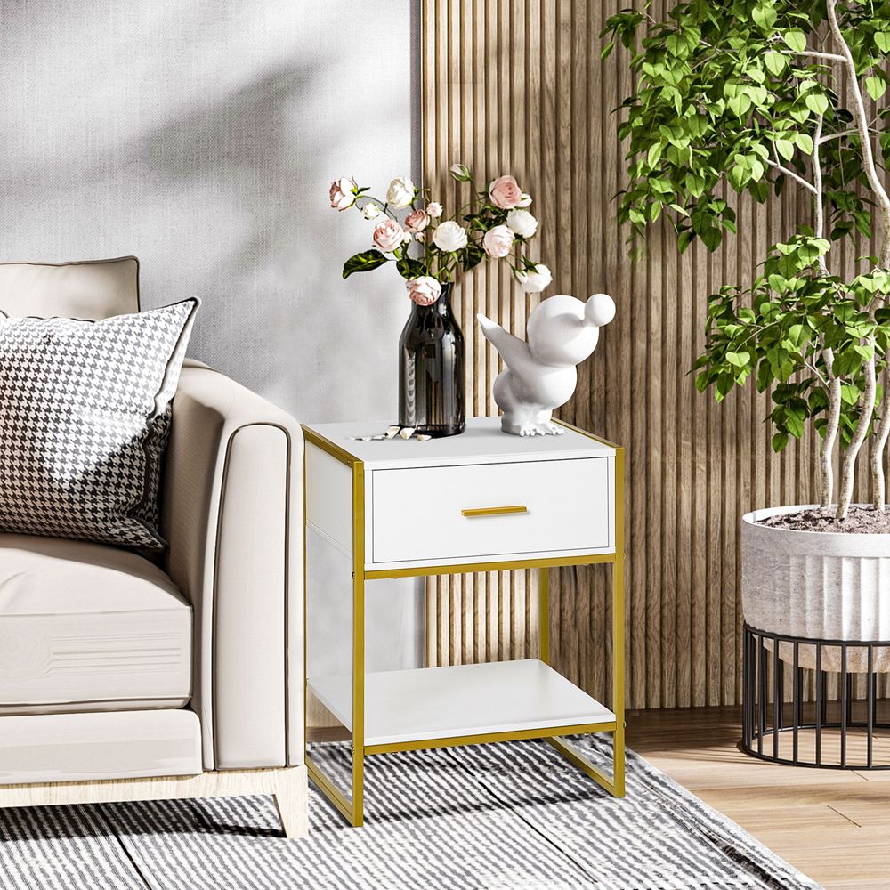 Chic Gold & White Nightstand with Drawer - Modern Storage Solution