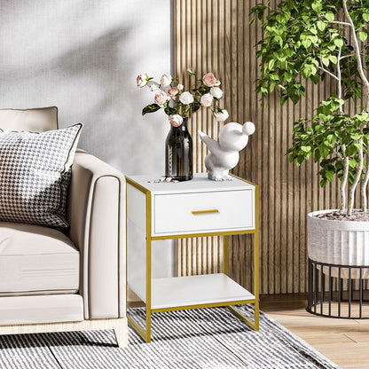 Chic Gold & White Nightstand with Drawer - Modern Storage Solution