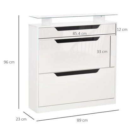 Stylish High Gloss Shoe Cabinet with Glass Top - 16-Pair Storage Solution