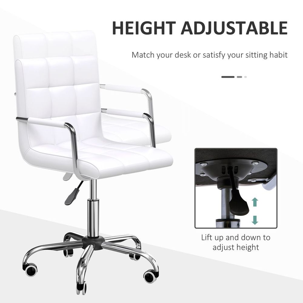 Stylish White Mid Back PU Leather Swivel Desk Chair with Armrests & Wheels