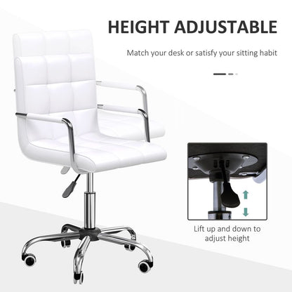 Stylish White Mid Back PU Leather Swivel Desk Chair with Armrests & Wheels