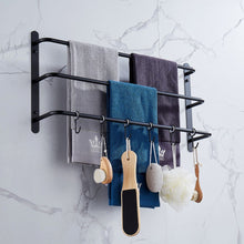 Load image into Gallery viewer, THREE Stagger Layers Towel Rack Upgraded with SIX Movable Hooks Stainless Steel Towel Bars Bathroom Accessories Set for Hanging Bath Sponge and Towels Matte Black 23.62 inches KJWY005HEI-60CM
