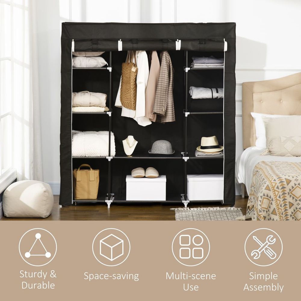 Portable Fabric Wardrobe with 10 Shelves & Hanging Rail - Stylish Storage Solution