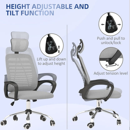 Vinsetto Ergonomic Mesh Office Chair with Adjustable Headrest - Grey Comfort