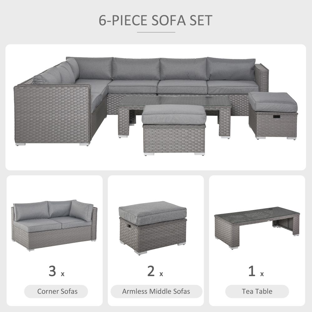 Luxurious 6-Piece Grey PE Rattan Wicker Corner Sofa Set with Cushions