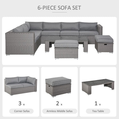 Luxurious 6-Piece Grey PE Rattan Wicker Corner Sofa Set with Cushions