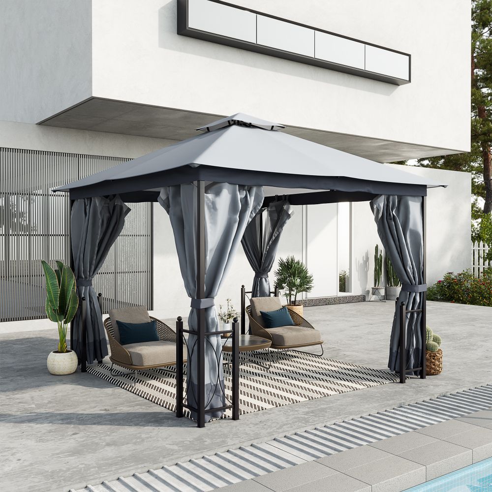Elegant 4x3.35m Metal Gazebo with Dual Roof, Privacy Curtains & Bug Netting