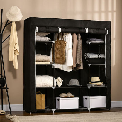 Portable Fabric Wardrobe with 10 Shelves & Hanging Rail - Stylish Storage Solution