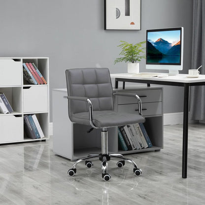 Modern Grey PU Leather Swivel Desk Chair with Armrests - Home Office Comfort