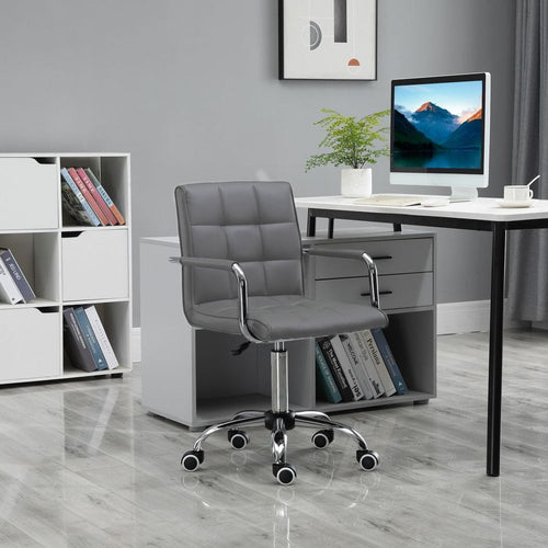Modern Grey PU Leather Swivel Desk Chair with Armrests - Home Office Comfort