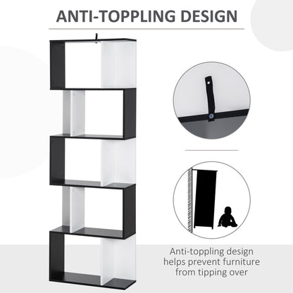 Stylish 5-Tier S-Shape Bookcase - Versatile Shelf & Room Divider in Black