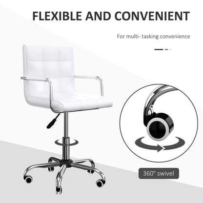 Stylish White Mid Back PU Leather Swivel Desk Chair with Armrests & Wheels