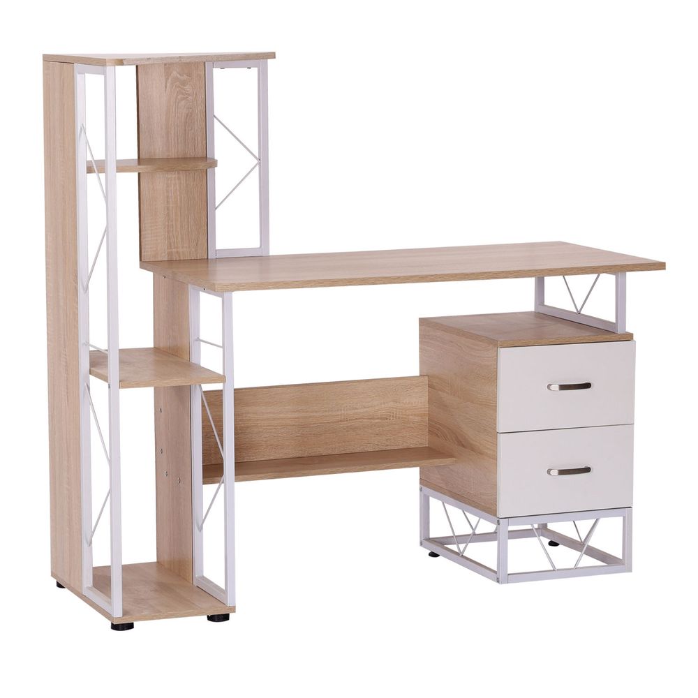 Elegant Oak & White Workstation Desk with Dual Drawers and Multi-Shelves