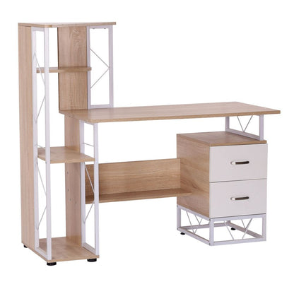 Elegant Oak & White Workstation Desk with Dual Drawers and Multi-Shelves