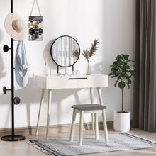 Load image into Gallery viewer, Elegant White Vanity Makeup Set with Round Mirror &amp; Cushioned Stool
