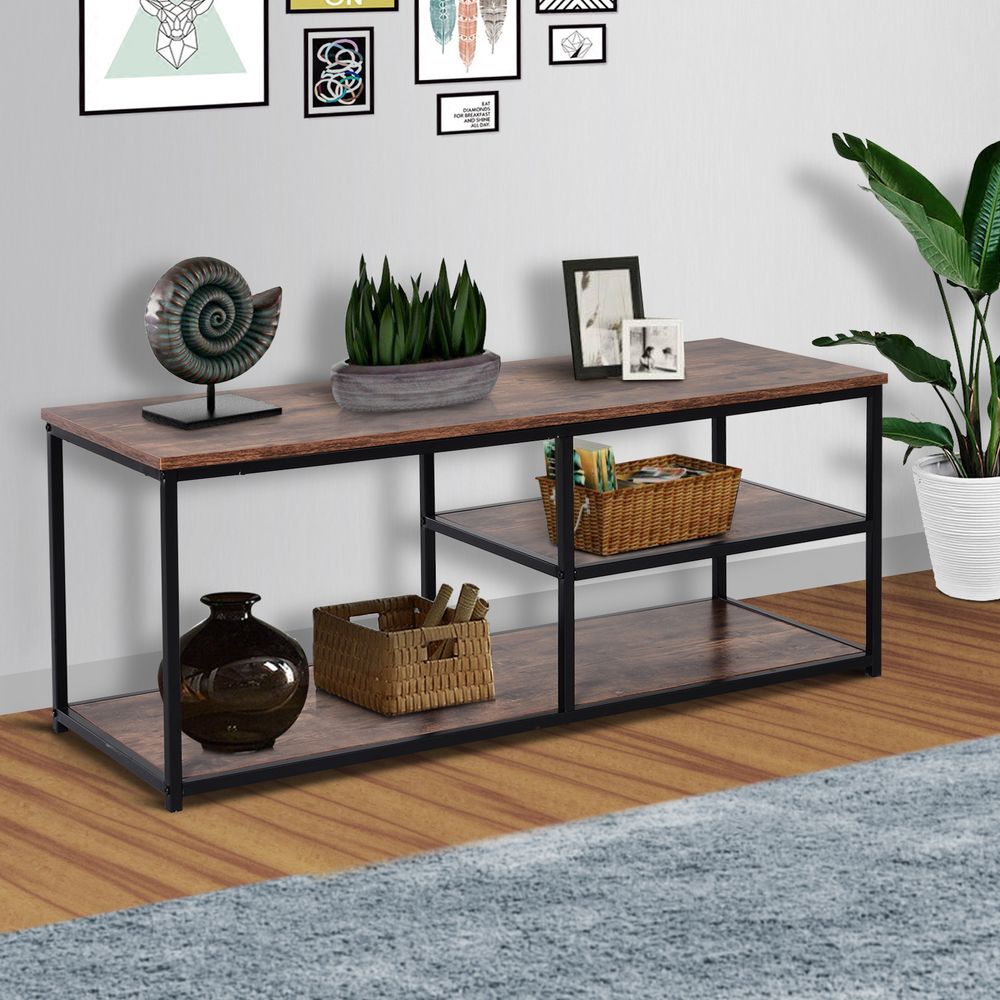 Industrial Elegance: Black & Brown Steel Frame TV Stand with Multi-Level Storage