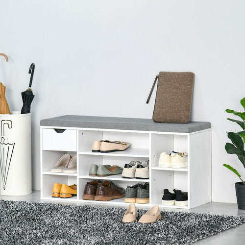 Stylish HOMCOM Shoe Storage Bench with Cushion & Adjustable Shelves - White/Grey