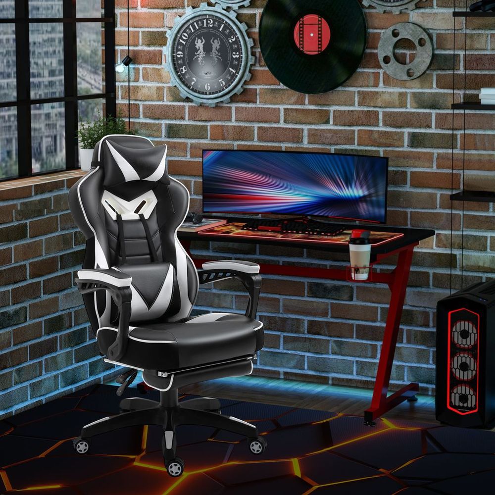 Ergonomic Reclining Gaming Chair with Footrest - Stylish White Office Comfort