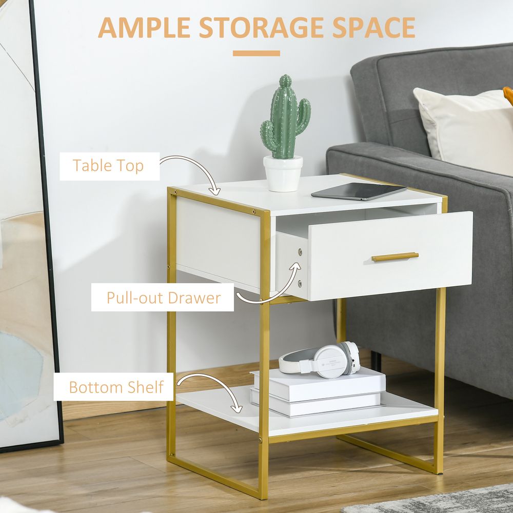 Chic Gold & White Nightstand with Drawer - Modern Storage Solution