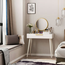Load image into Gallery viewer, Elegant White HOMCOM Dressing Table with Round Mirror &amp; Gold Accent Drawers
